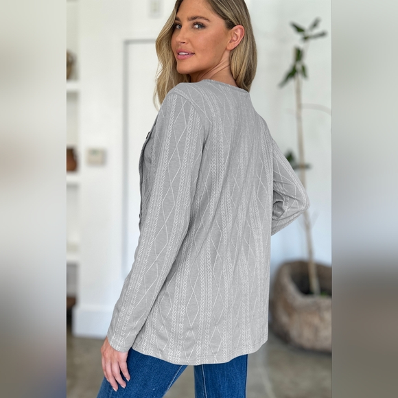 Slit Round Neck Long Sleeve Button T-Shirt - Picture 2 of 5